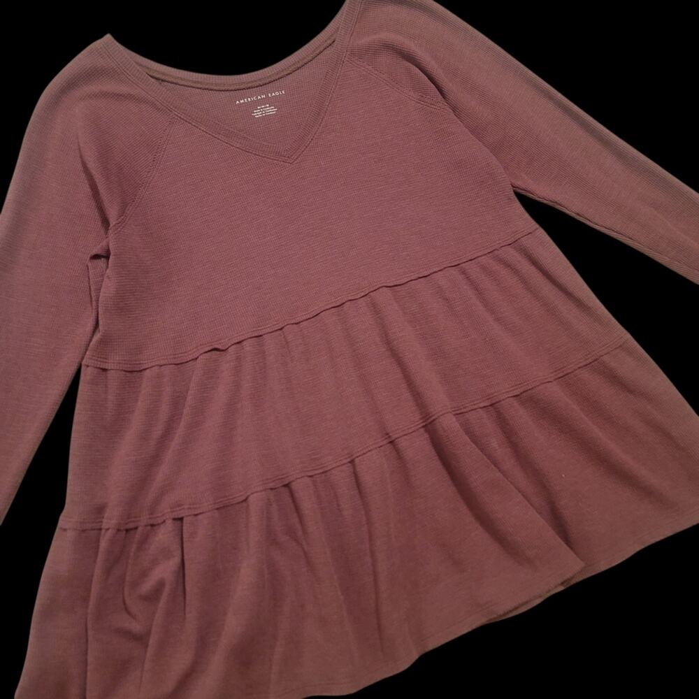 American Eagle Tiered V Neck Tunic Burgundy Shirt Oversized Fit Long Sleeve